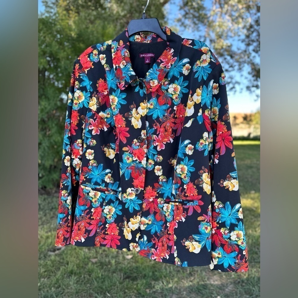 Jessica London Floral Blazer Womens 28 Black Multicolored Flowers Business Lined